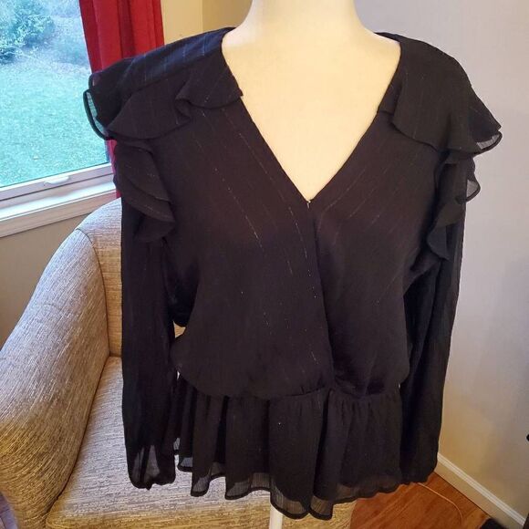 NWT SimplyVera Vera Wang Black Shimmer Faux Wrap Blouse- Size Large - Picture 6 of 10